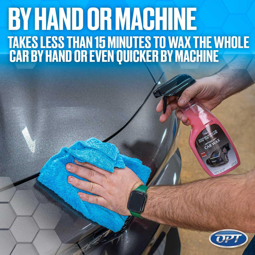 Optimum Car Wax safe for chrome, glass, and plastic trim on exterior surfaces.