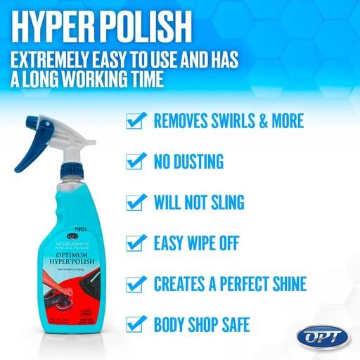 Optimum Hyper Polish glossy finish on painted panel with safe plastics compatibility.