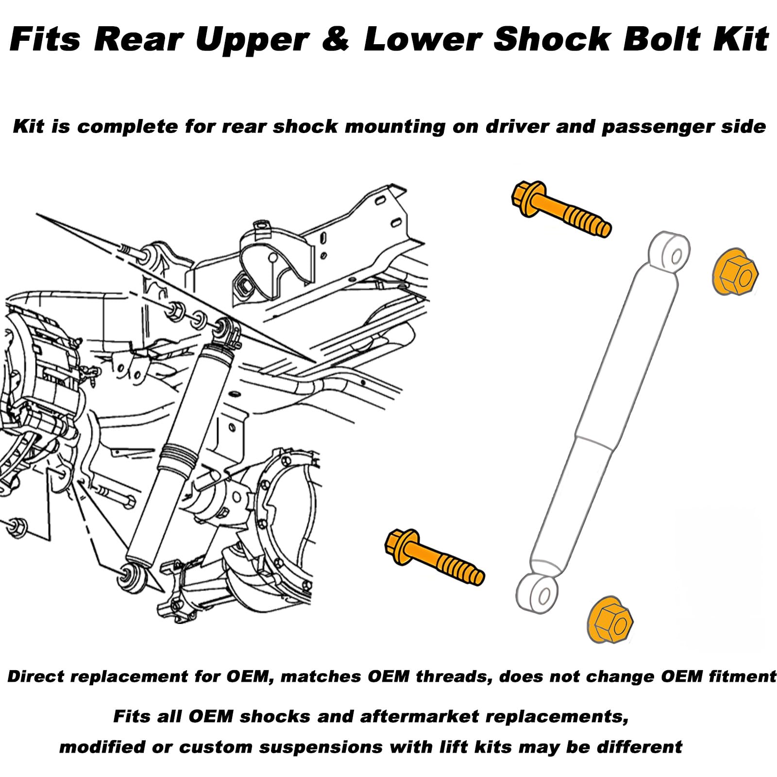 Opuiue rear shock bolt kit compatibility graphic shows versatile fit for 4x4 and 2WD configurations.