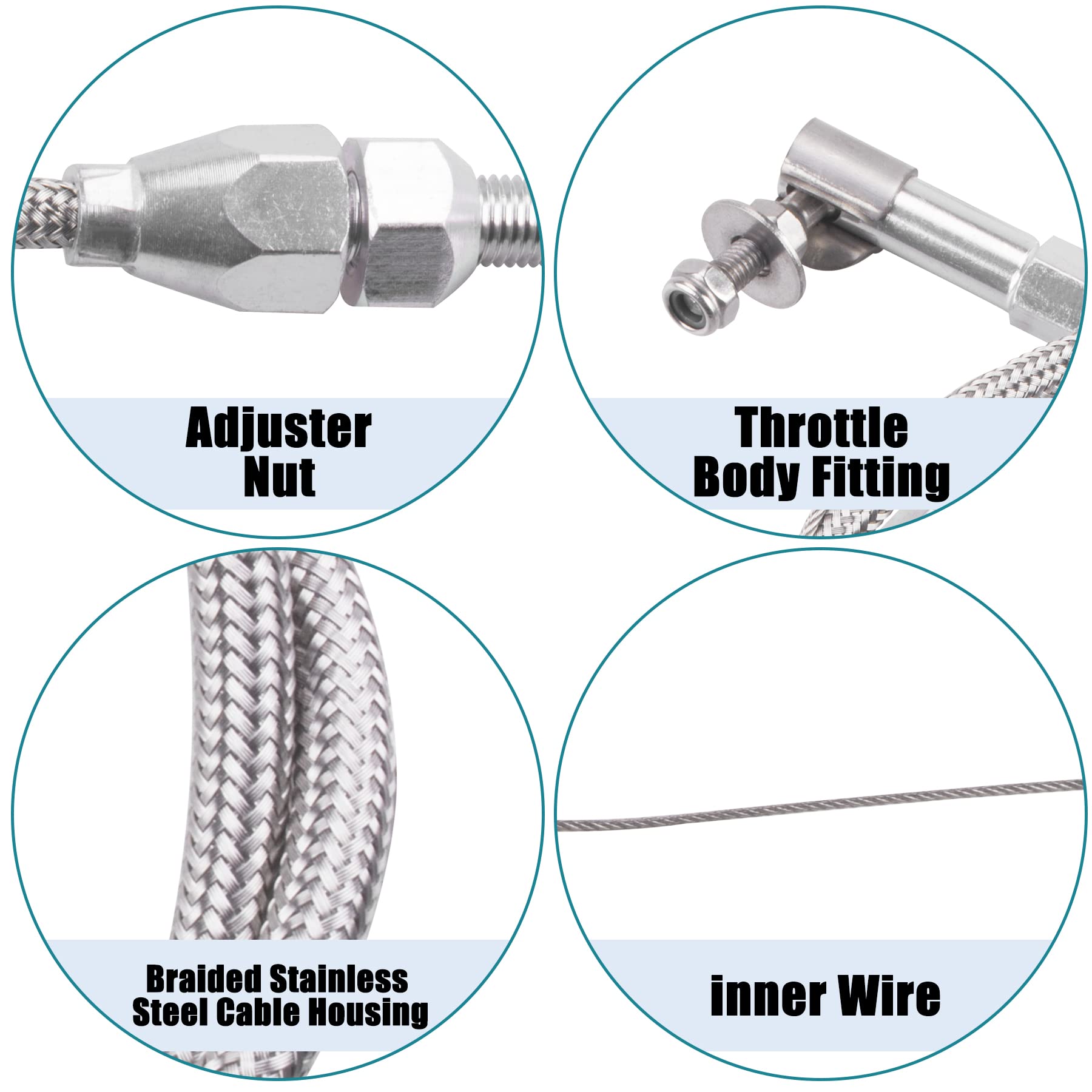 ORAEVY braided stainless throttle cable close-up highlights durability and smooth operation