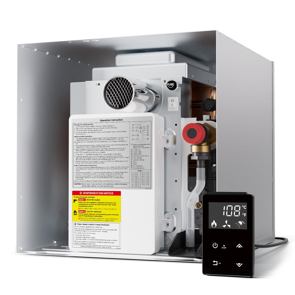 Orbek 60k BTU RV heater with remote control for convenient temperature adjustments