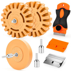 OrbitShell eraser-wheel set with three wheels ready to remove stubborn decals cleanly on vehicles.