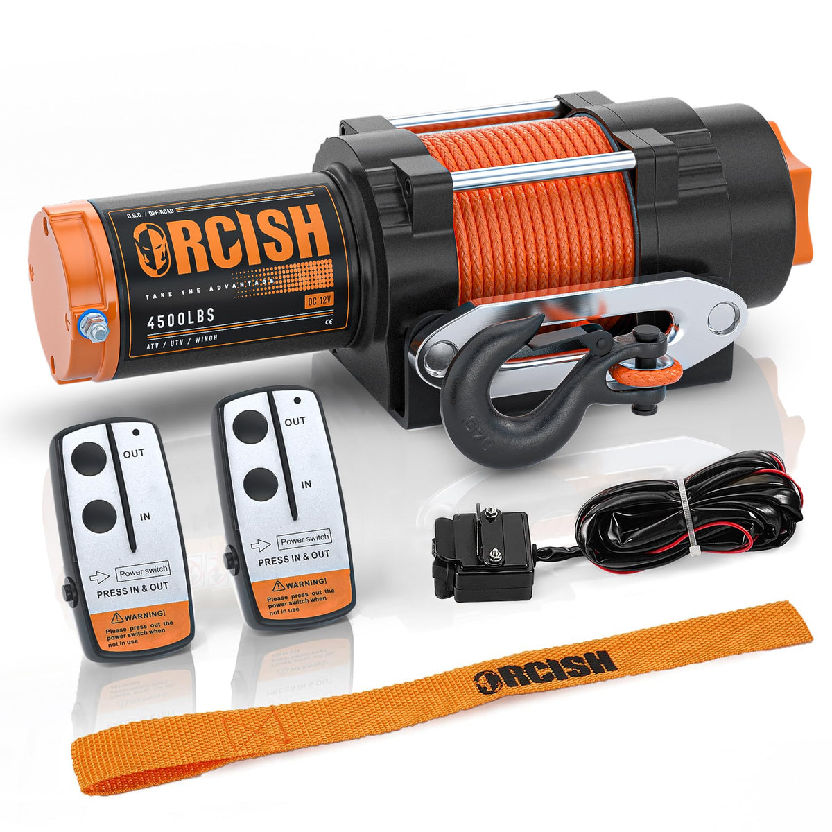 ORCISH 4500lb winch front view showing rugged all-metal housing for ATV recovery.