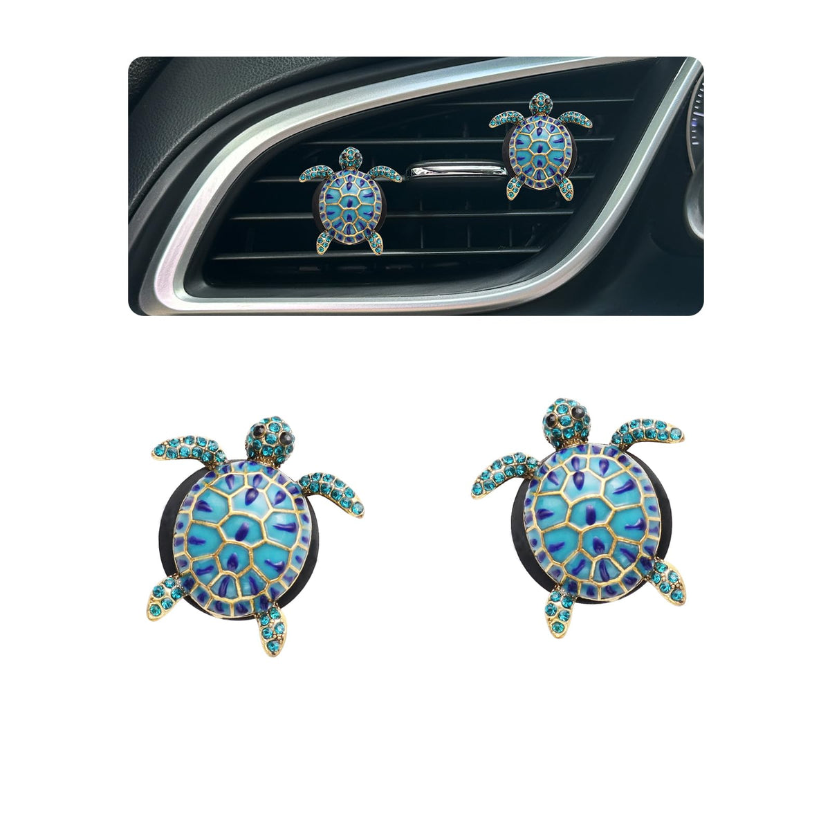Oriesse sea turtle vent clip with blue rhinestones adds coastal elegance to your car