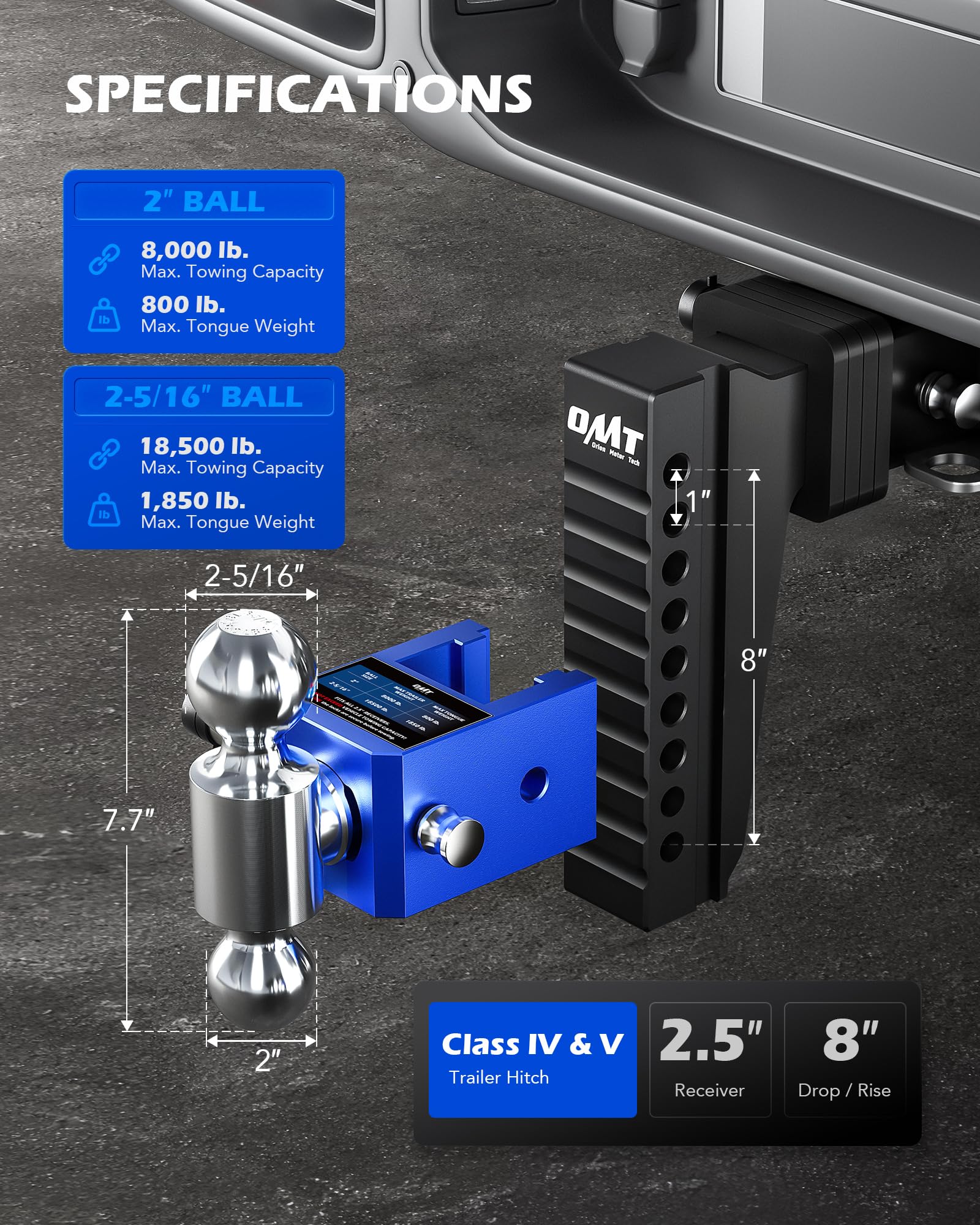 Orion Motor Tech 18,500 lb dual-ball capacity supports heavy towing