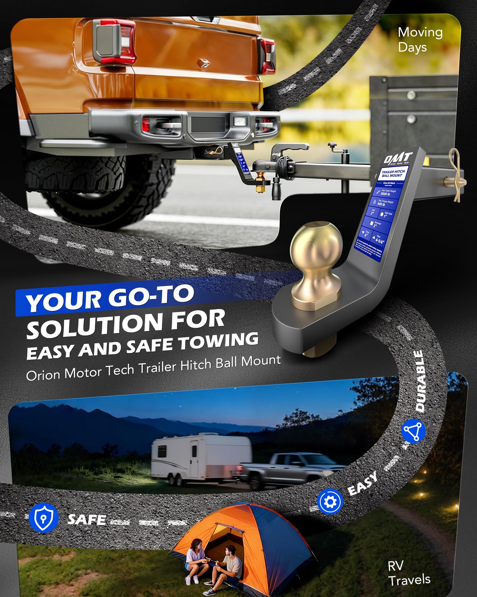Orion Motor Tech 2in ball hitch connection for direct trailer compatibility.