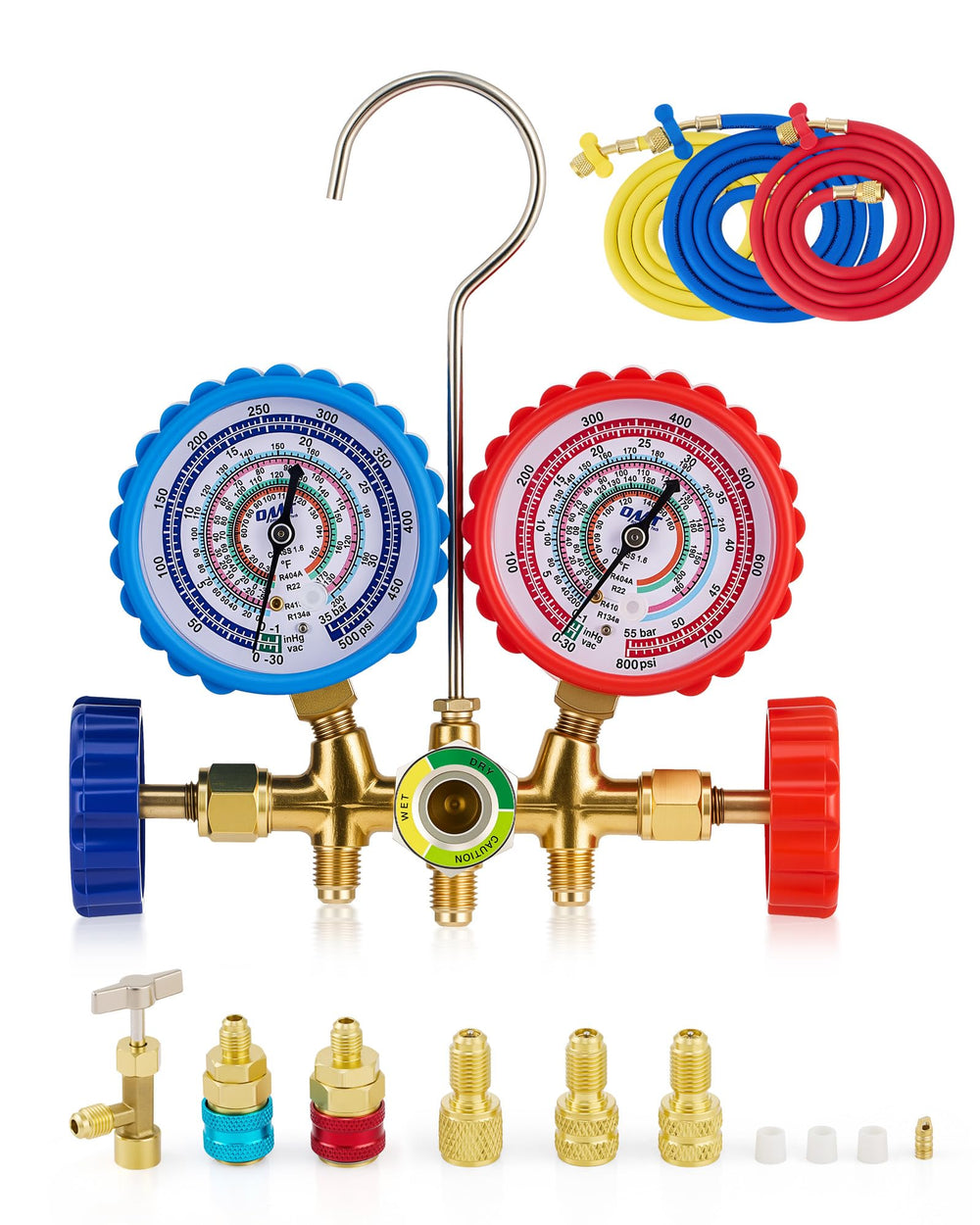 Orion Motor Tech 3-way AC gauge for quick diagnostics.