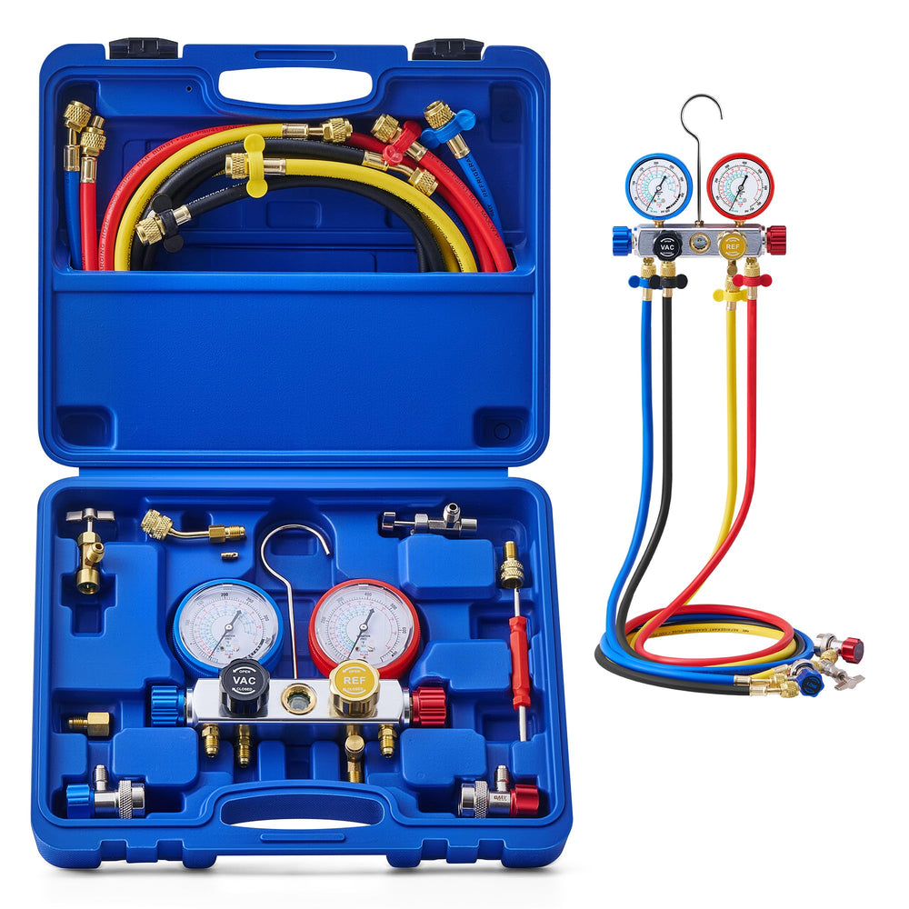 Orion Motor Tech 4-way AC gauge set with clear readings for quick pressure checks.