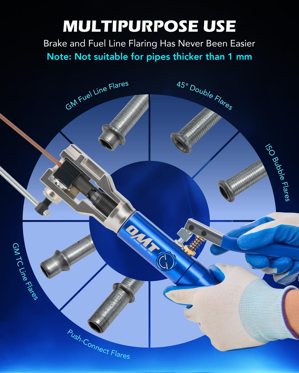 45-degree inverted dies provide precise flares on copper and brake lines.