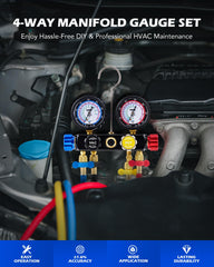 Orion Motor Tech AC gauge set with color-coded hoses showing durable lines