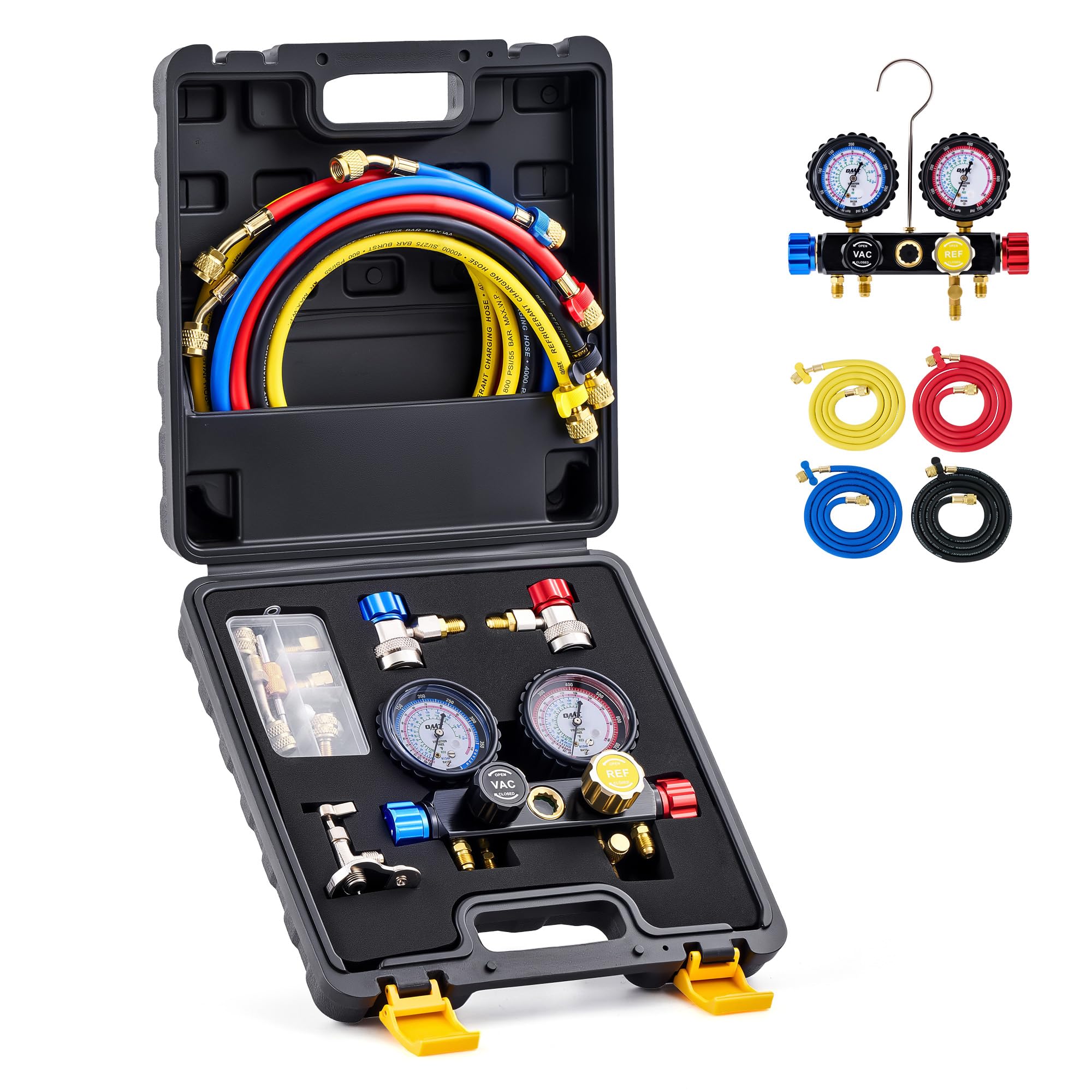 Orion Motor Tech 4-way gauge set front view with color gauges for easy pressure readings