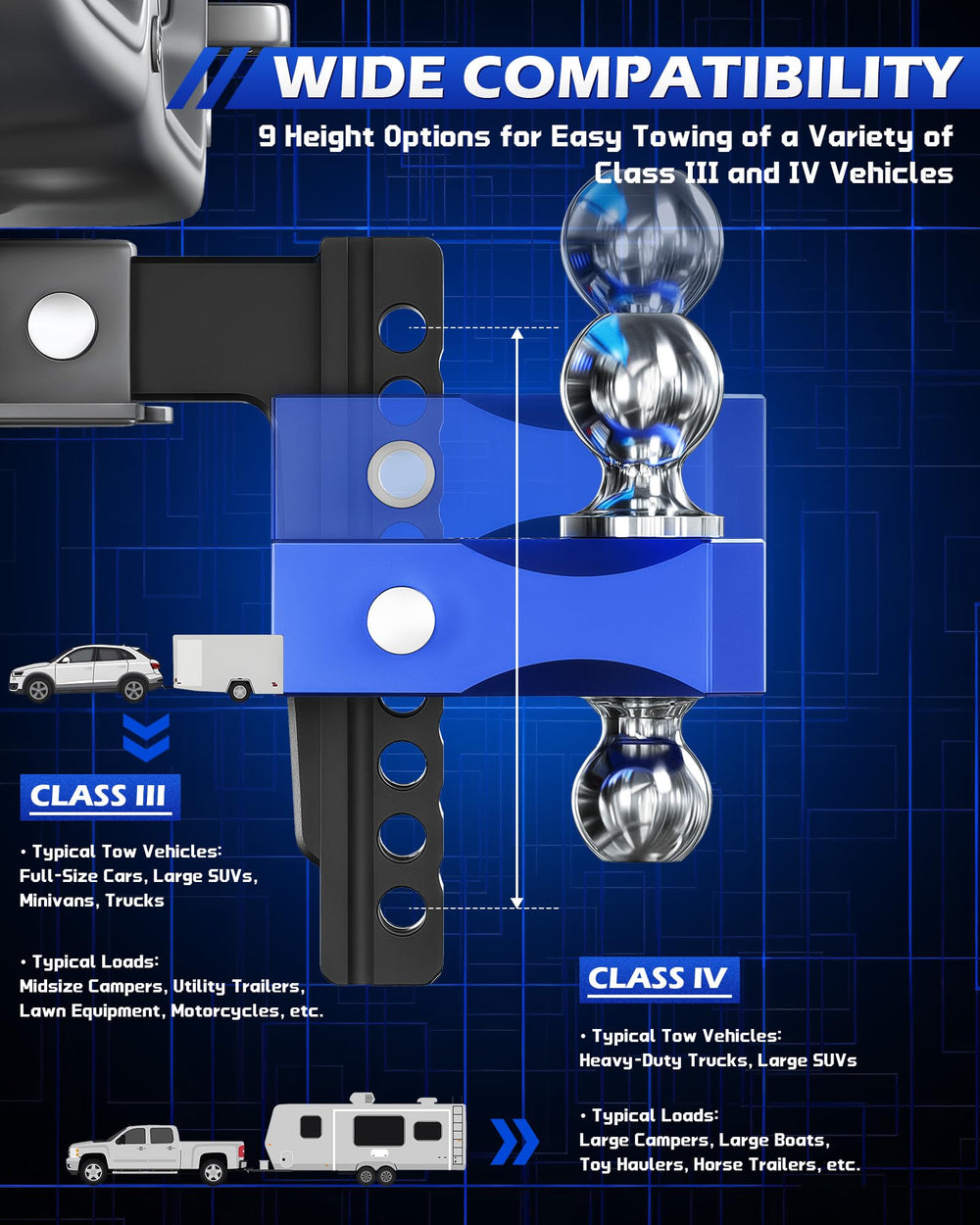 Orion Motor Tech 8-inch drop/rise helps achieve level towing on uneven terrain