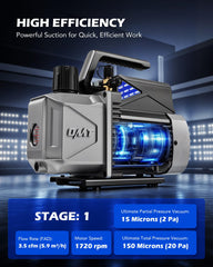 Orion Motor Tech A2L vacuum pump achieving 15 micron ultimate vacuum for precise draws