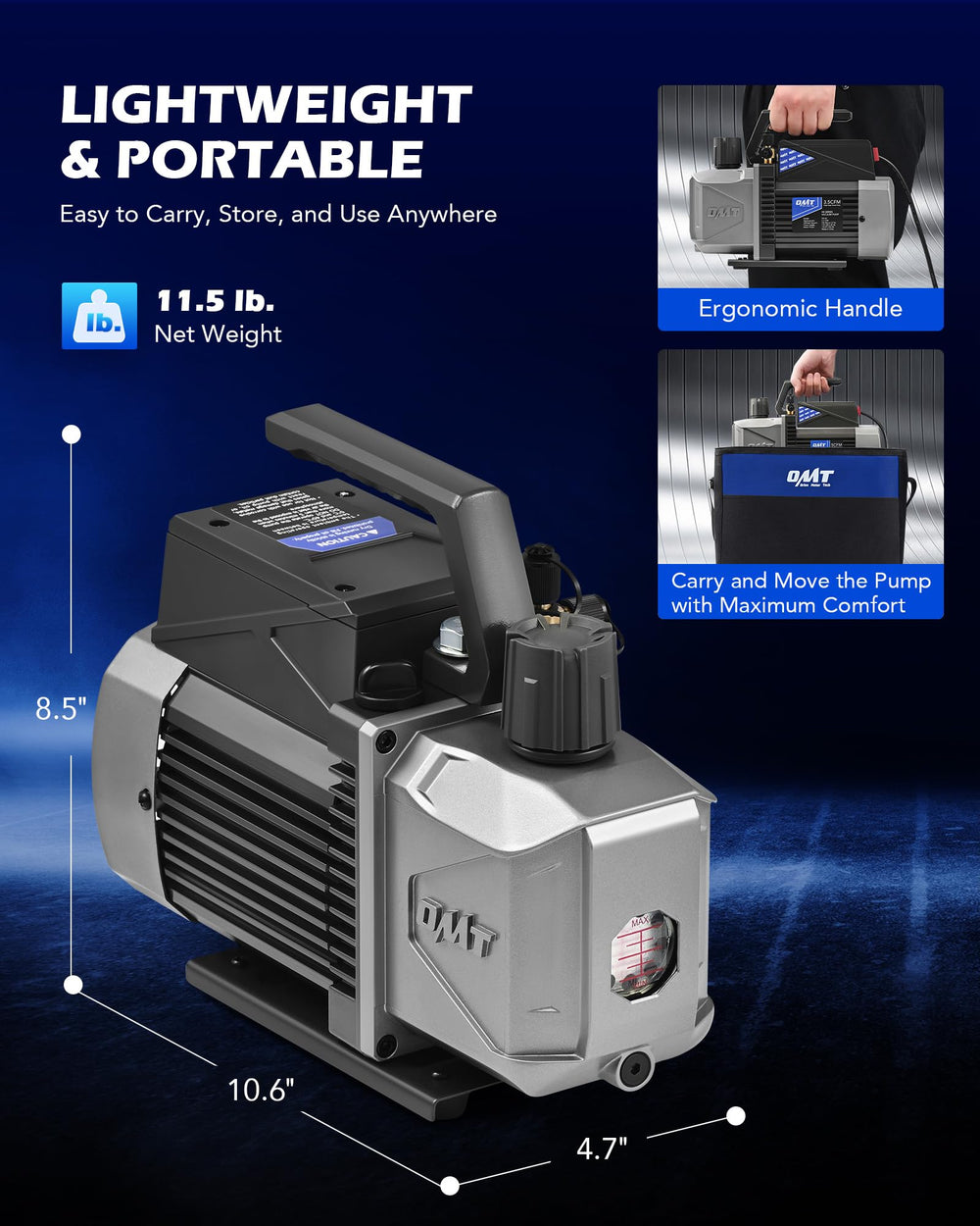 Orion Motor Tech A2L vacuum pump compact and portable with versatile fittings