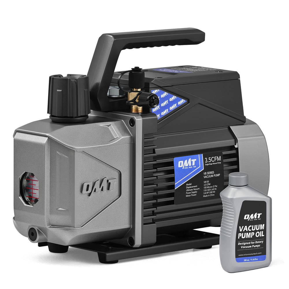 Orion Motor Tech A2L vacuum pump front view showing compact form for HVAC tasks