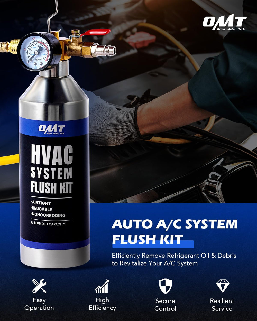 Orion Motor Tech AC Flush Kit hose provides flexible access for flushing tight AC pathways.