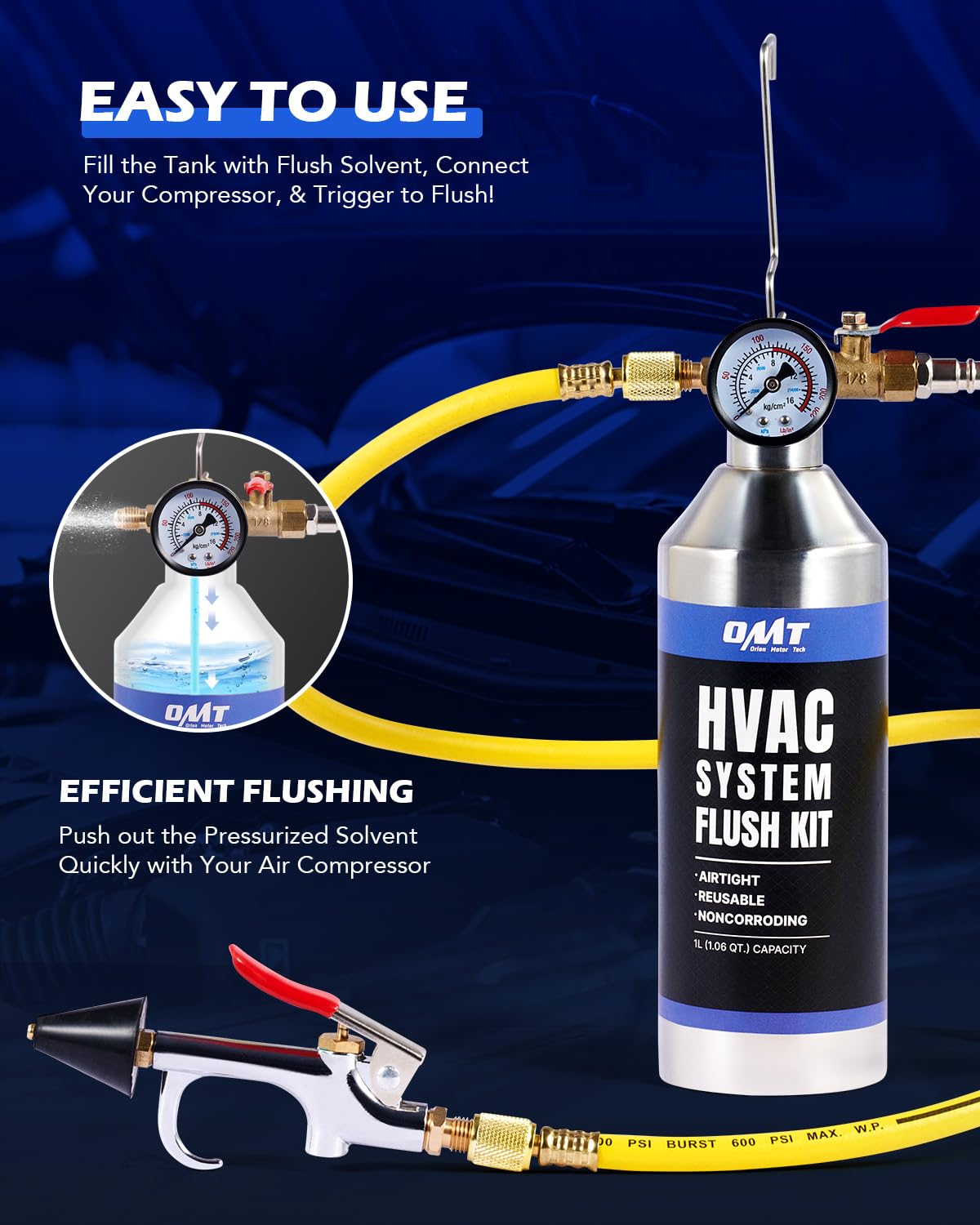 Orion Motor Tech AC Flush Kit spray head targets lines for efficient contaminant removal.