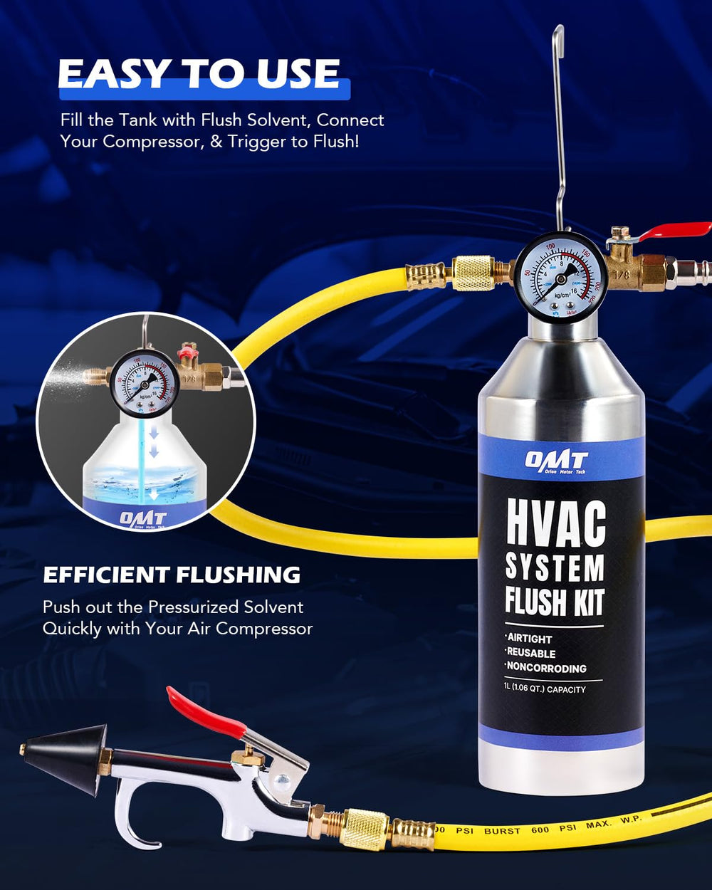 Orion Motor Tech AC Flush Kit spray head targets lines for efficient contaminant removal.