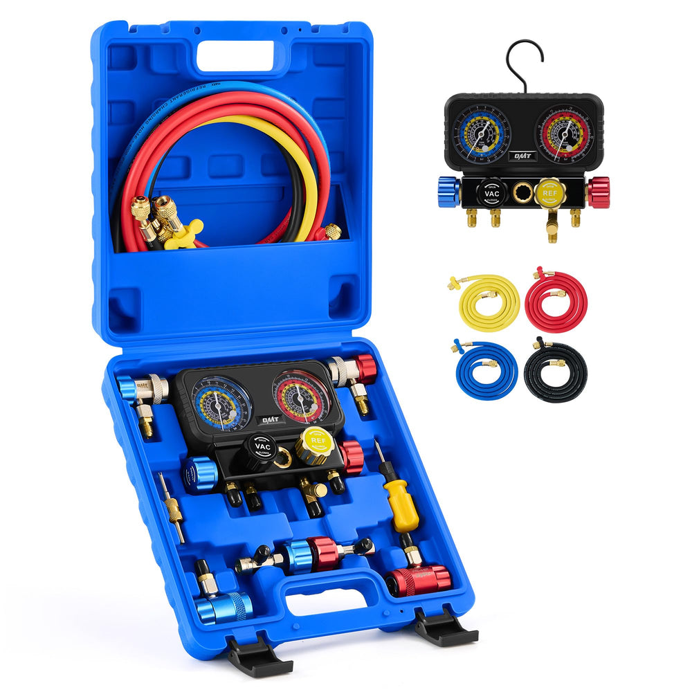 Orion Motor Tech AC gauges four-way manifold provides precise pressure readings for maintenance.