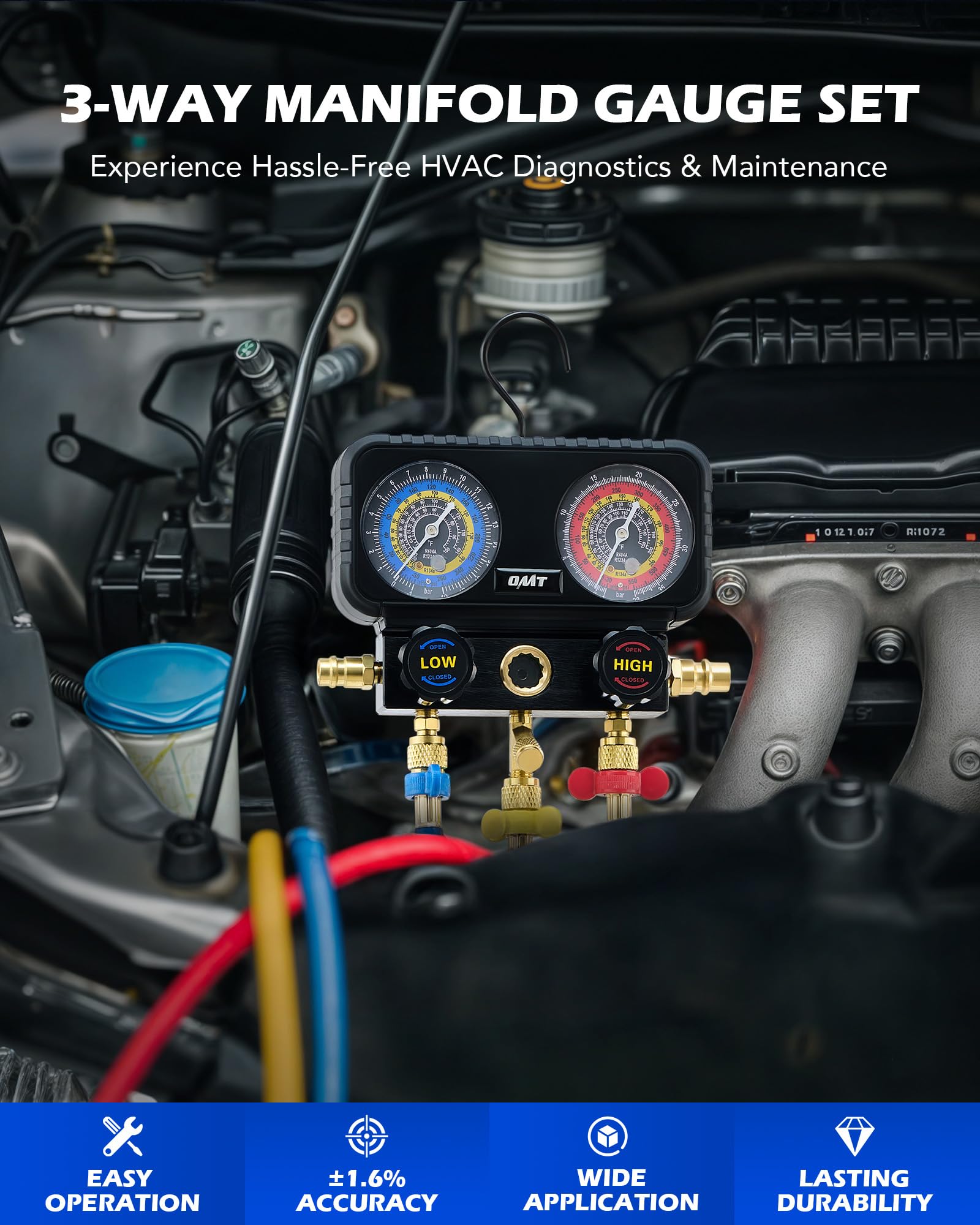 Color-coded hoses from Orion Motor Tech enable quick refrigerant charging.
