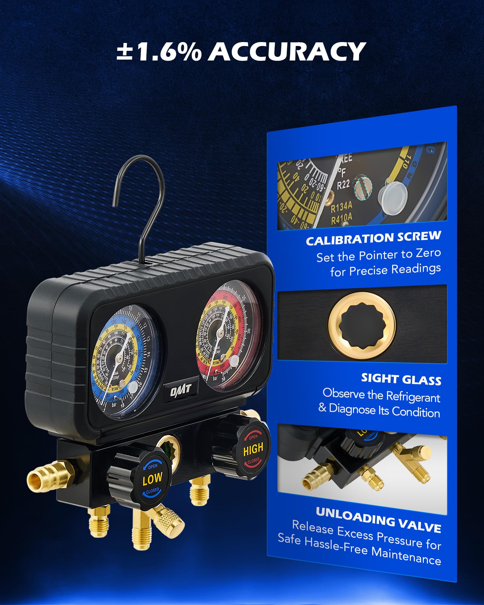 Orion Motor Tech gauge set works with R1234yf, R404a, and R134a refrigerants.