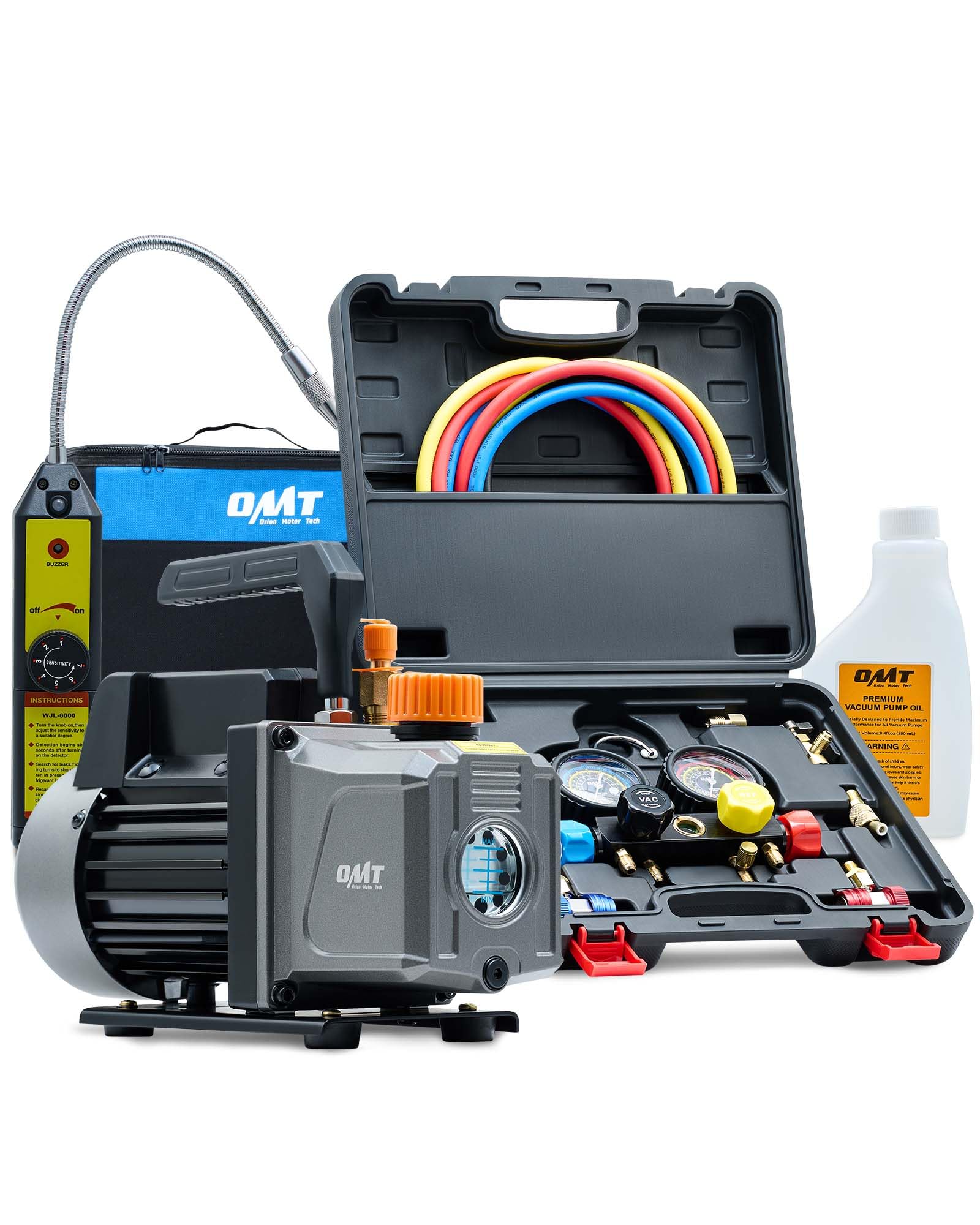 Orion Motor Tech AC vacuum pump kit assembly for auto HVAC projects.