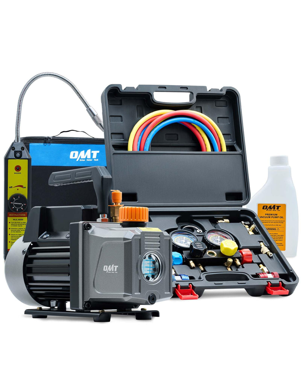 Orion Motor Tech AC vacuum pump kit assembly for auto HVAC projects.