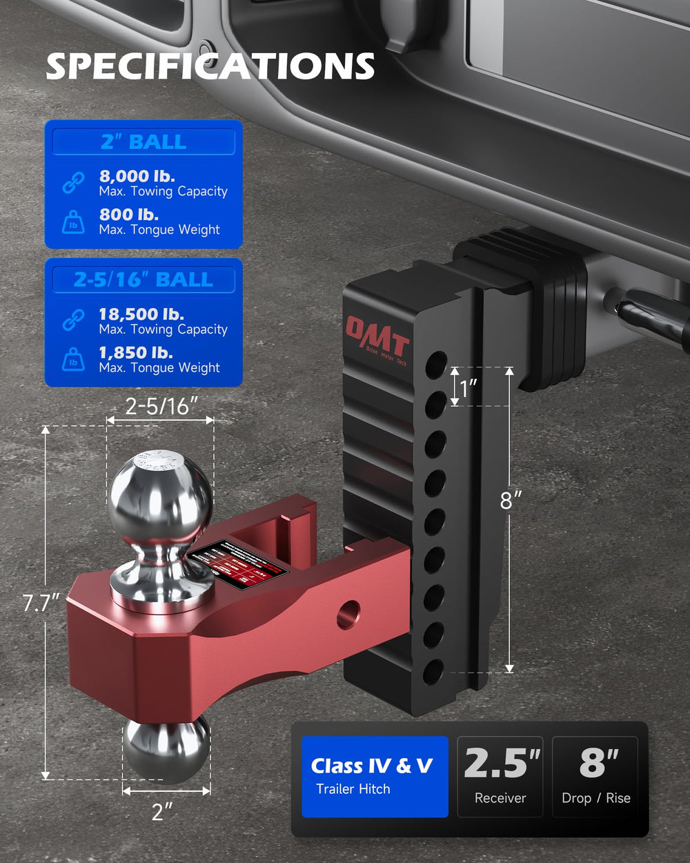 Orion Motor Tech 8-inch adjustable drop hitch aligns trailers with ease.