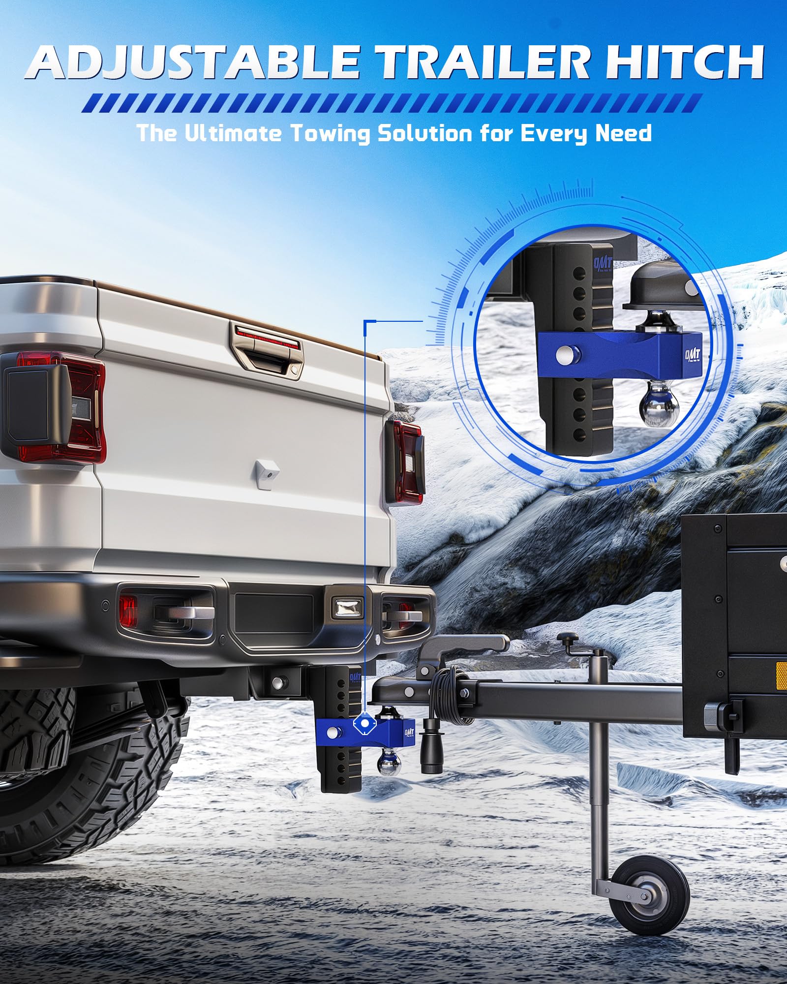 Orion Motor Tech 8-inch drop/rise shows flexible height for precise trailer alignment.