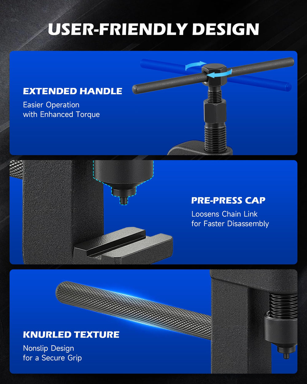 Orion Motor Tech multiple anvils and pins enabling versatile chain sizes.