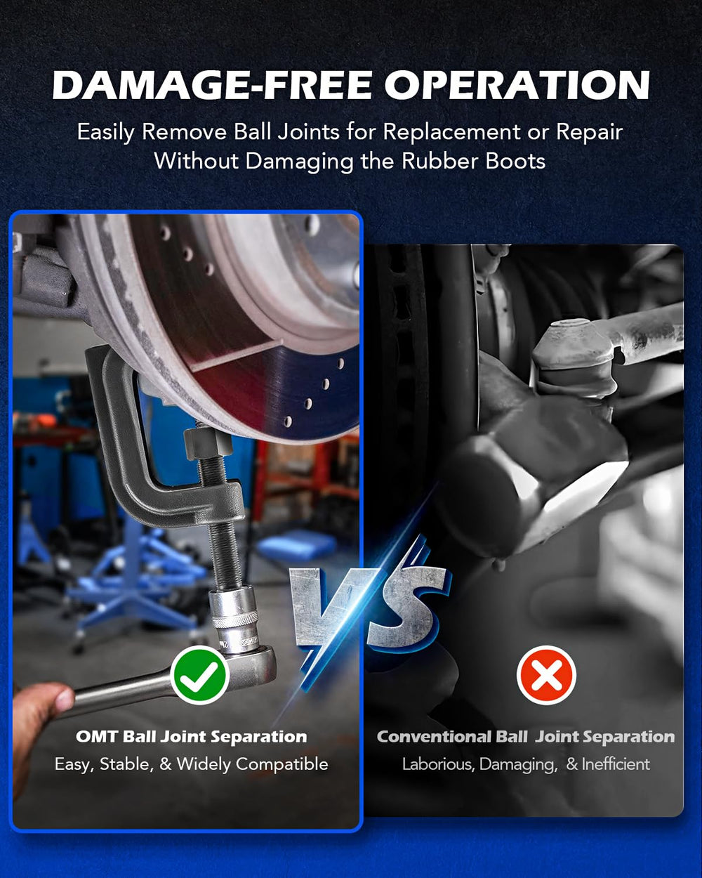 Orion Motor Tech ball joint separator side view highlights compact profile for tight spaces.
