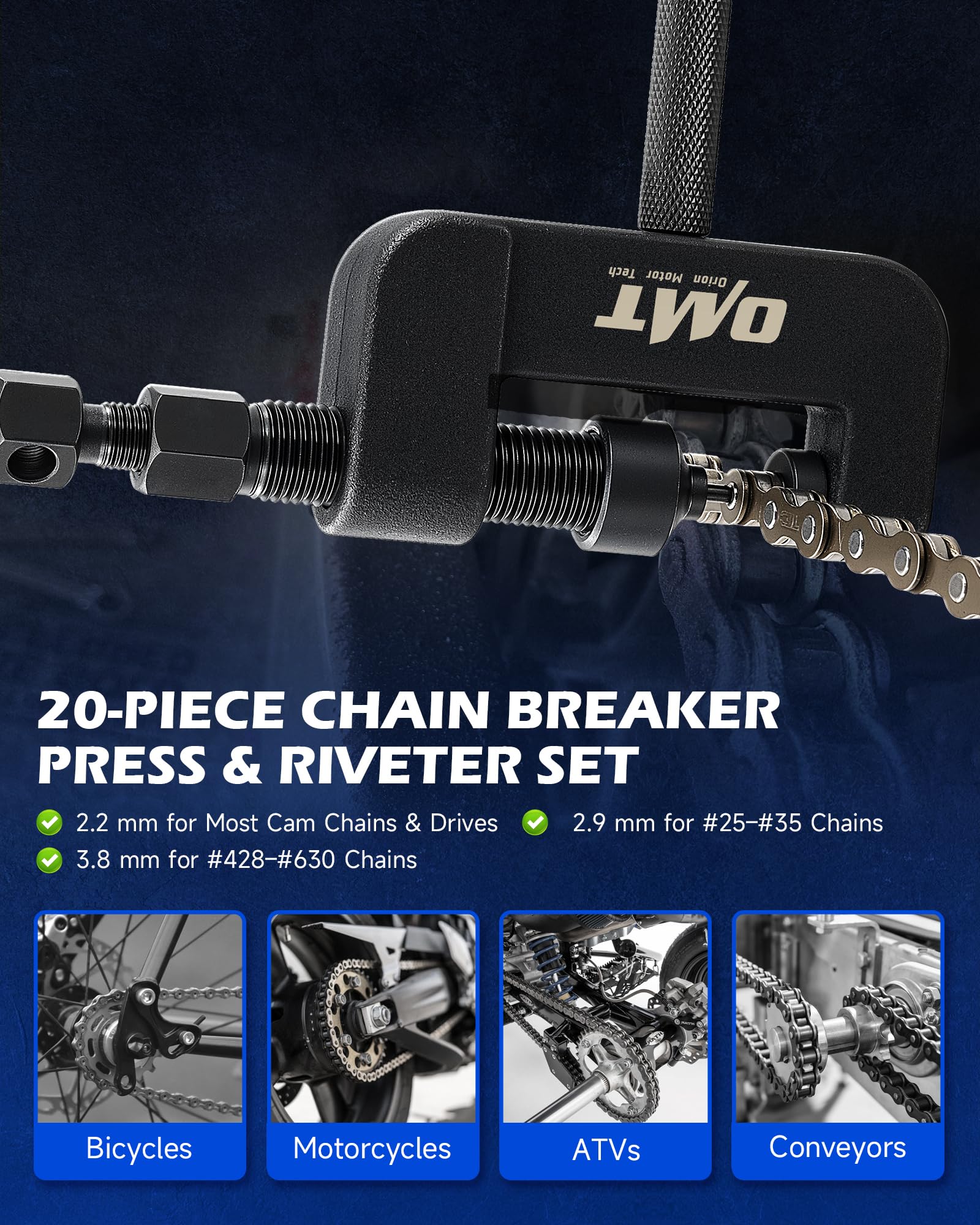 Orion Motor Tech blackened C-frame crafted from 1045 carbon steel for durability.