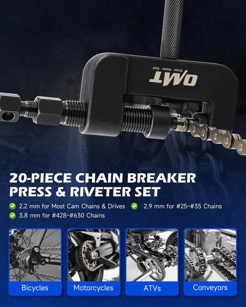 Orion Motor Tech blackened C-frame crafted from 1045 carbon steel for durability.