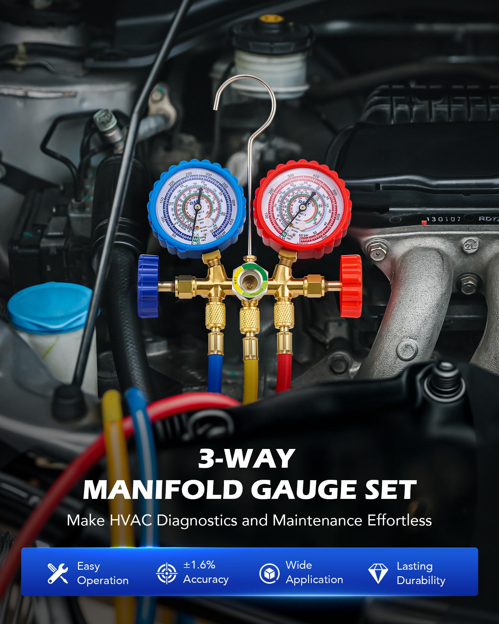 Orion Motor Tech blue low-pressure hose enables safe, precise measurements.