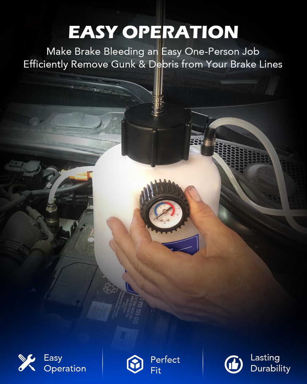 Orion Motor Tech brake fluid extractor in use to remove air from the brake line.