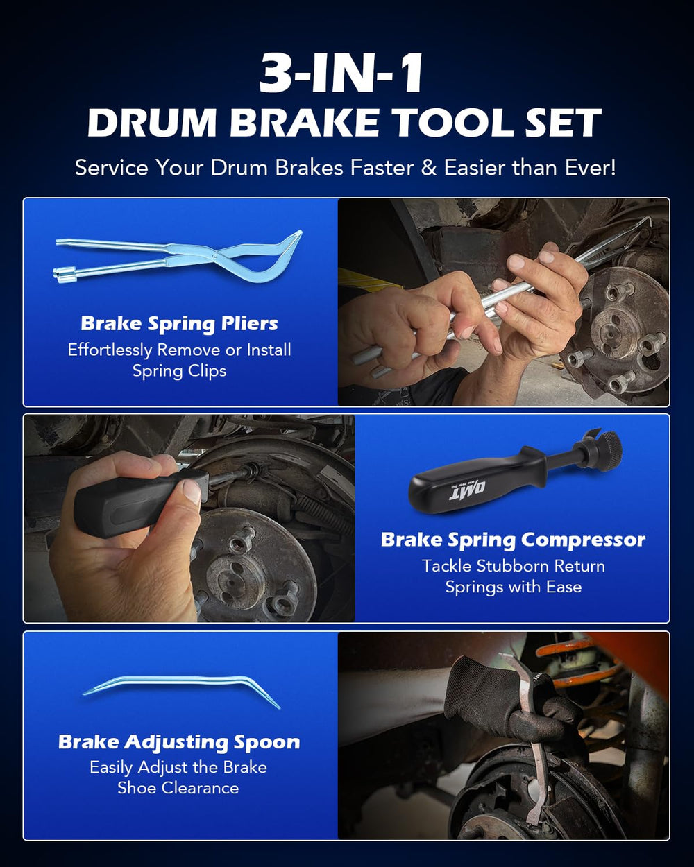 Orion Motor Tech brake spring pliers with wide jaws for efficient spring removal.