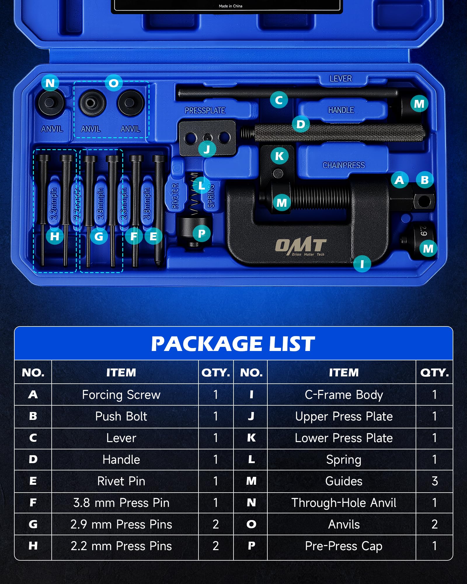 Orion Motor Tech chain breaker components arranged for precise alignment and smooth operation.