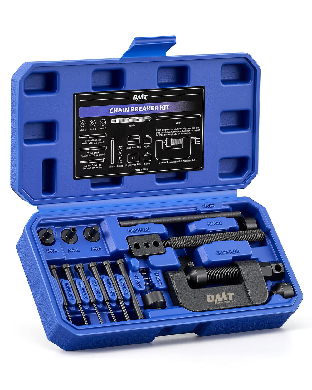 Orion Motor Tech chain rivet tool kit, 20-piece set for quick chain maintenance on bikes.