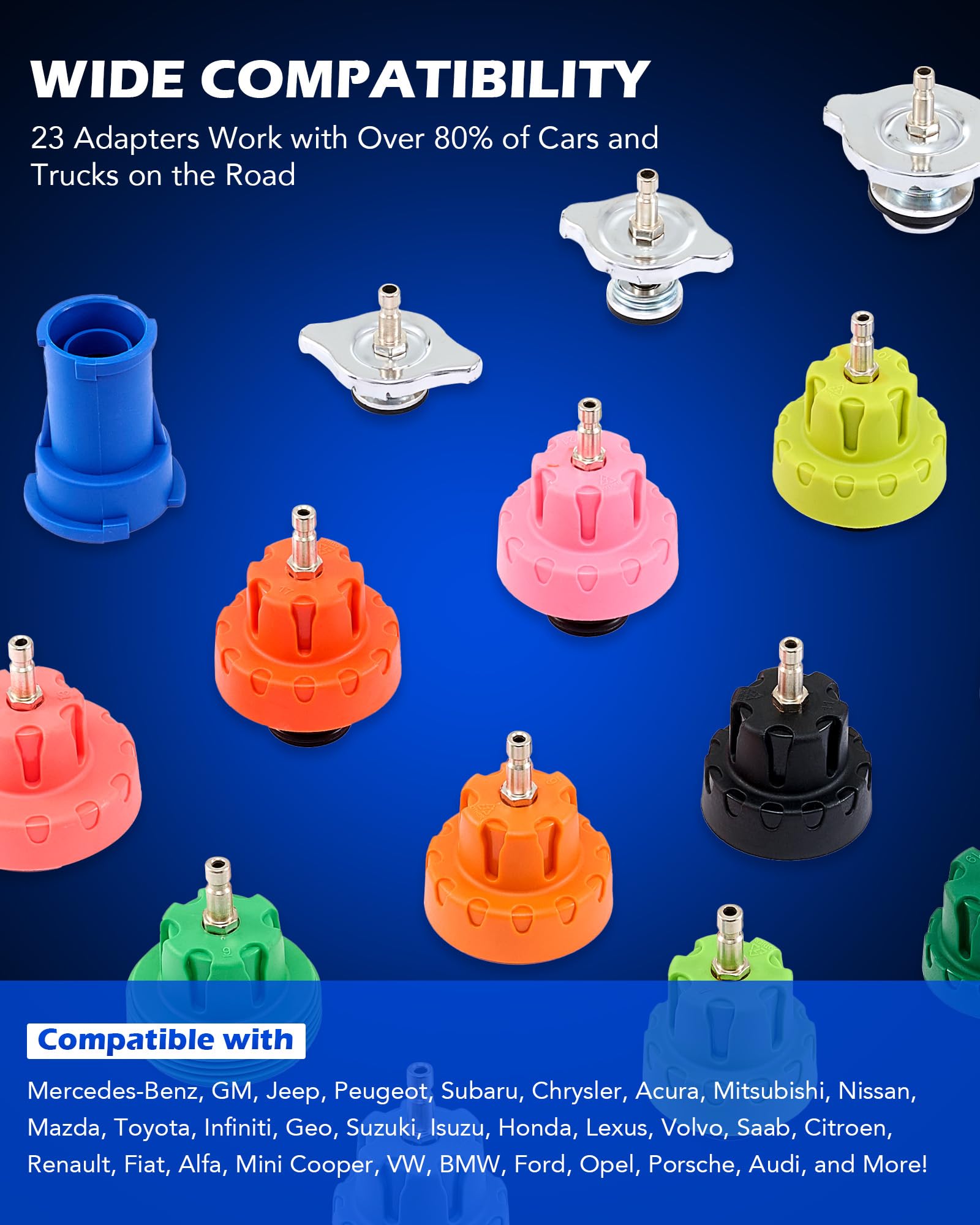 Orion Motor Tech color-coded adapters and case enable fast, organized coolant service.
