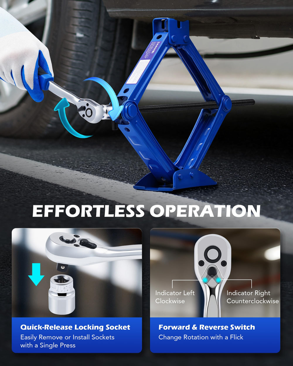 Orion Motor Tech portable car jack kit stores compactly in a small space