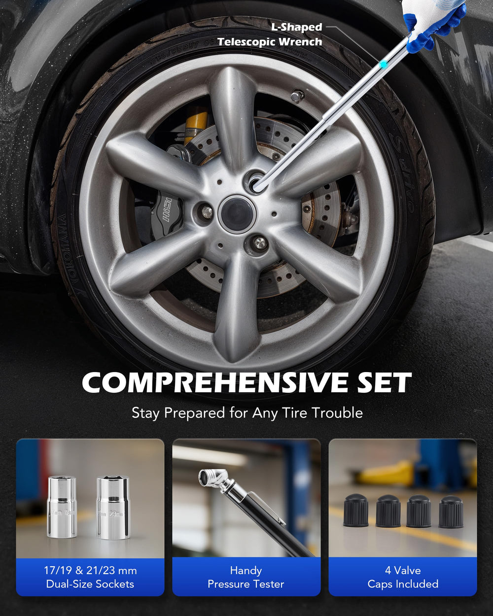 Compact trunk storage keeps the kit ready for roadside use
