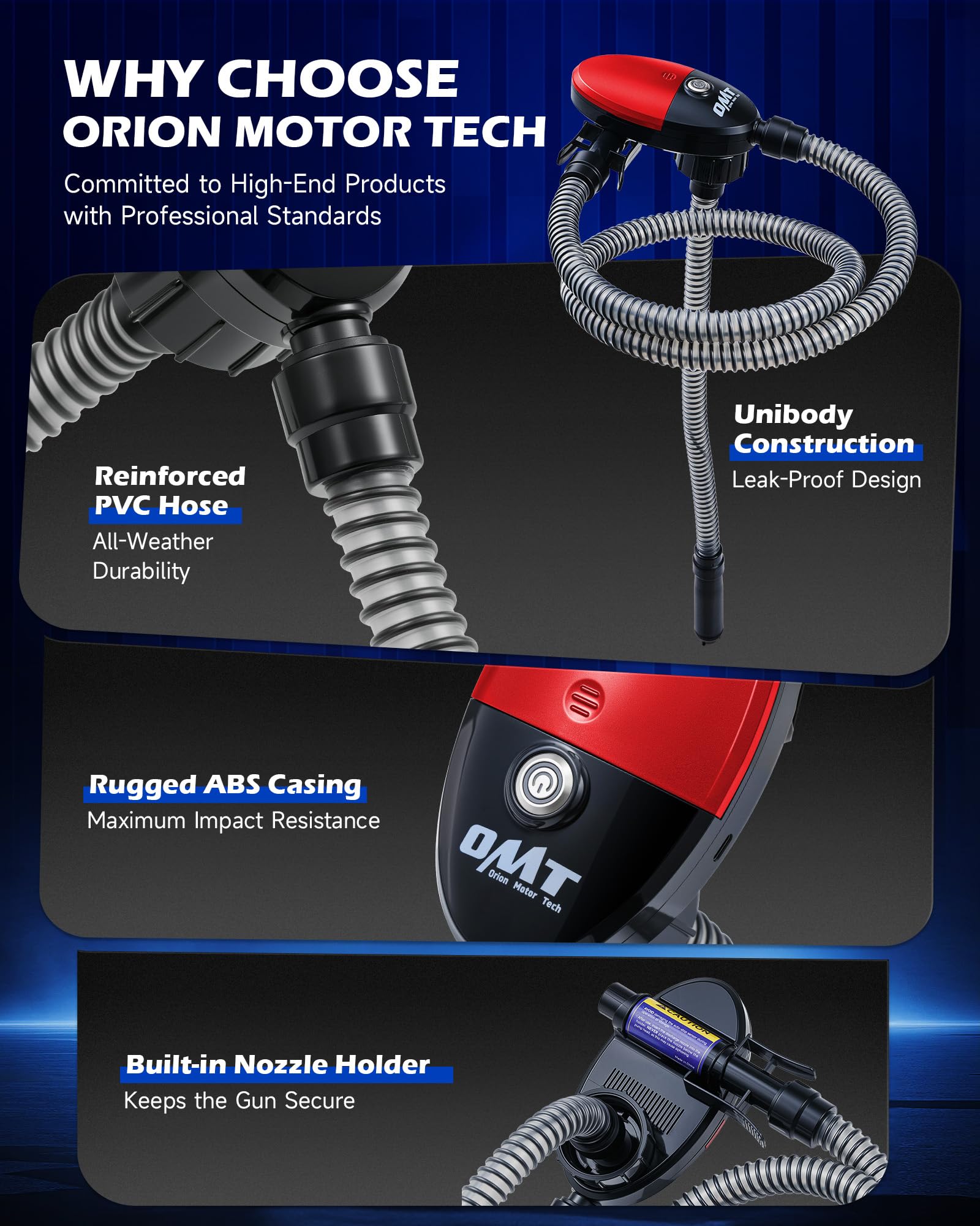 Orion Motor Tech pump compatible with gasoline, diesel, and kerosene cans.