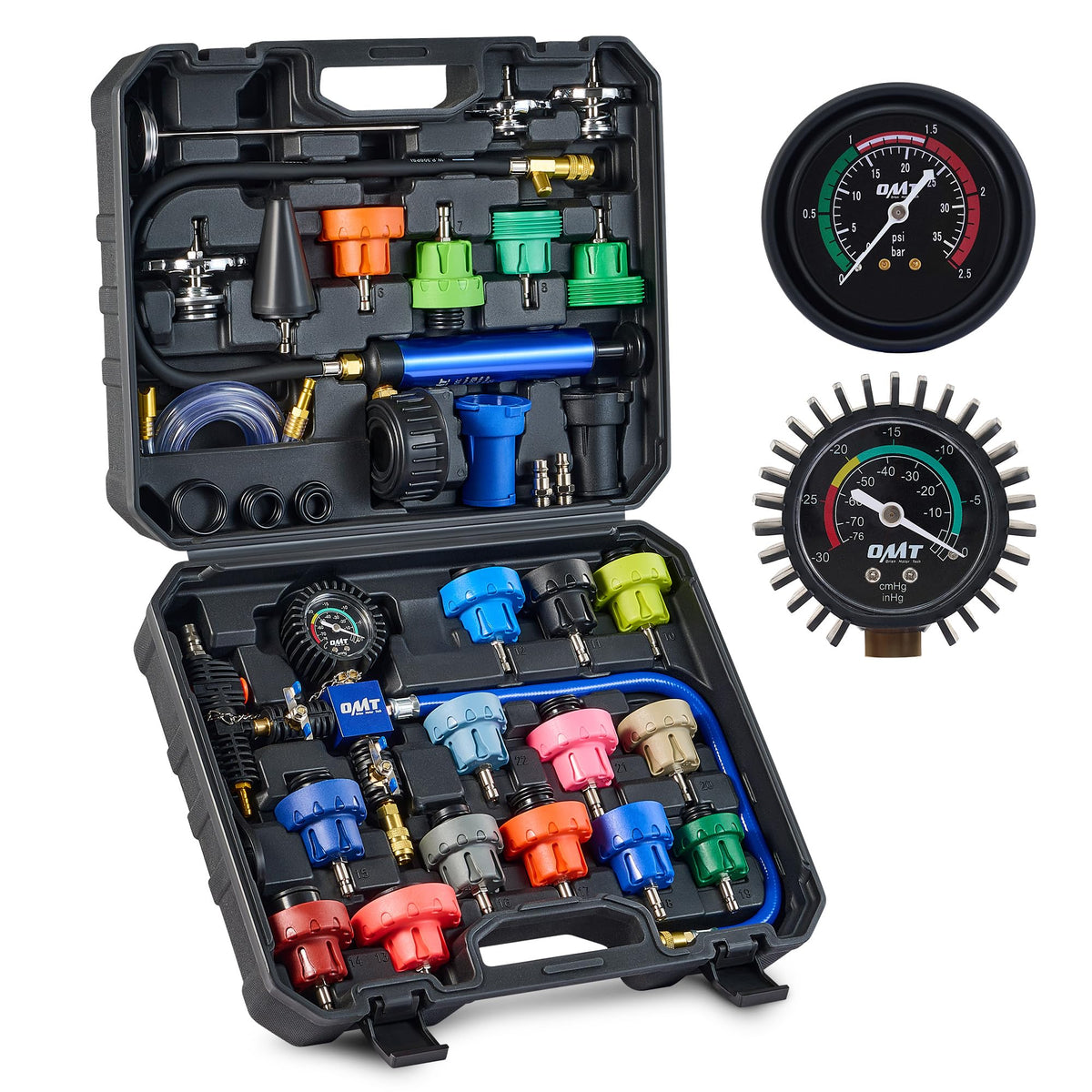 Orion Motor Tech coolant tester kit front view with durable aluminum construction for reliable use.