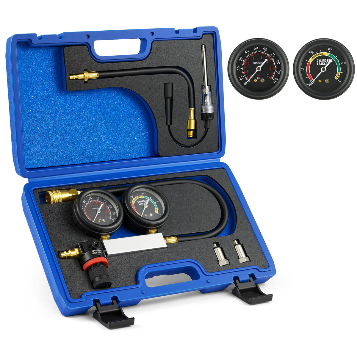Orion Motor Tech cylinder leak-down tester kit with clear dials for precise engine diagnostics.