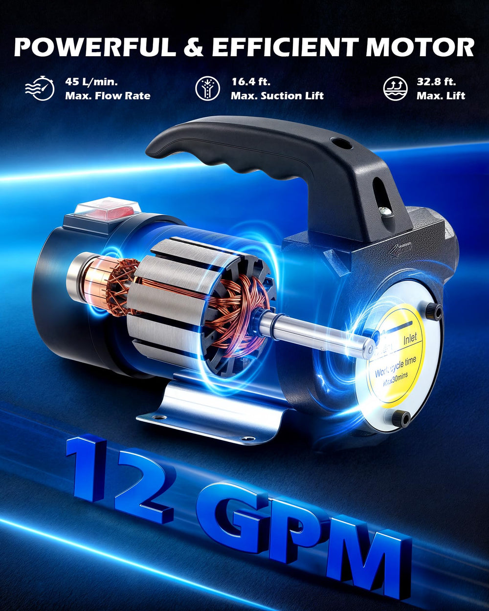 Orion Motor Tech diesel transfer pump with hose ready for transfer tasks