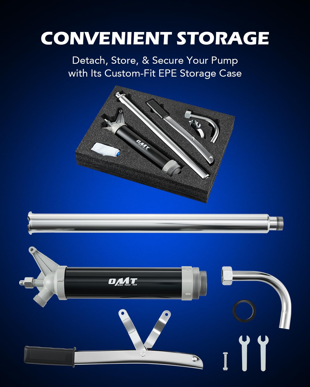 Orion Motor Tech storage case and wrenches included with drum pump