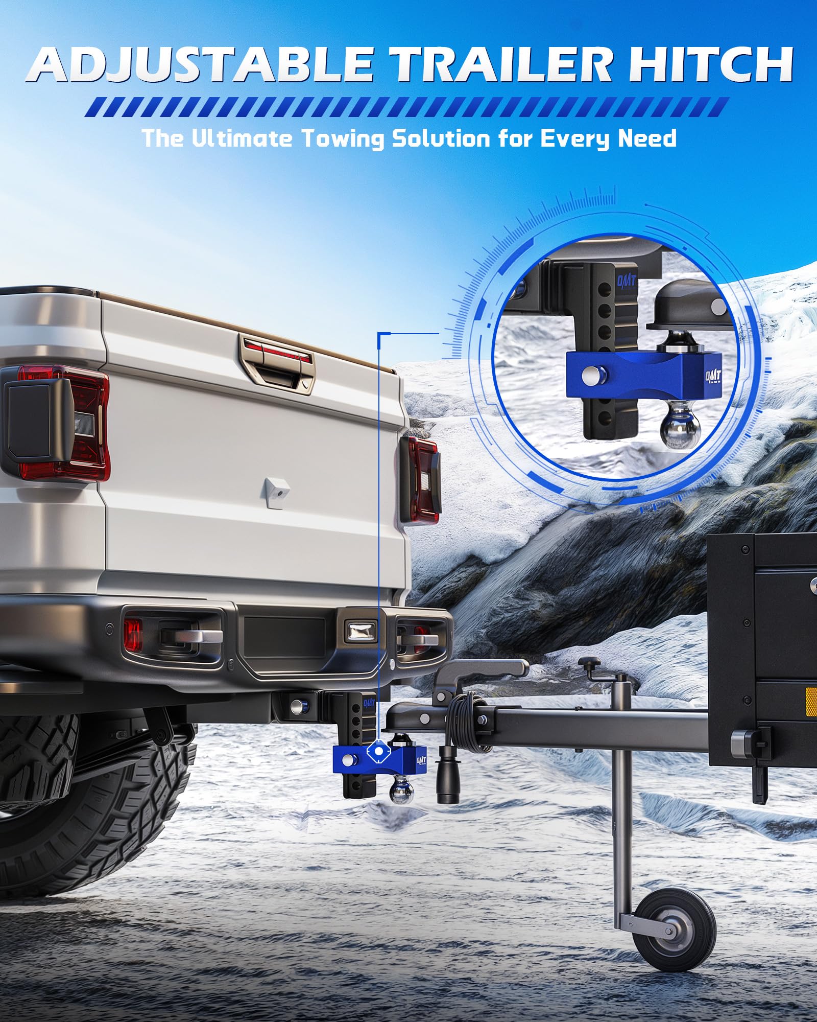 Orion Motor Tech dual-ball hitch assembly showing 2-5/16 inch and 2 inch balls for heavy-tow compatibility.