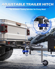 Orion Motor Tech dual-ball hitch assembly showing 2-5/16 inch and 2 inch balls for heavy-tow compatibility.