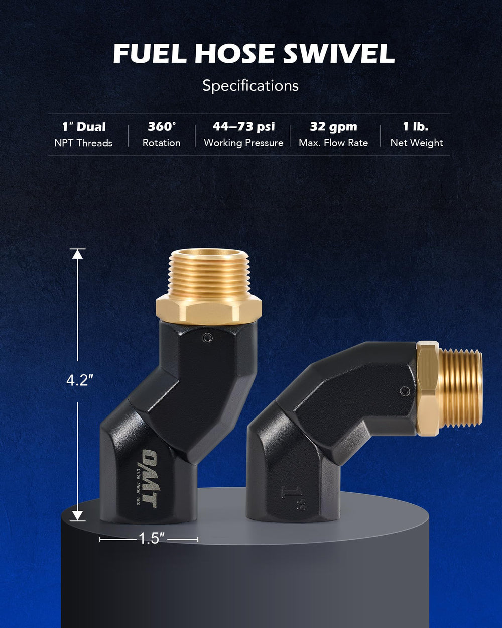Orion Motor Tech swivel with dual NPT threads fits 1-inch hoses securely