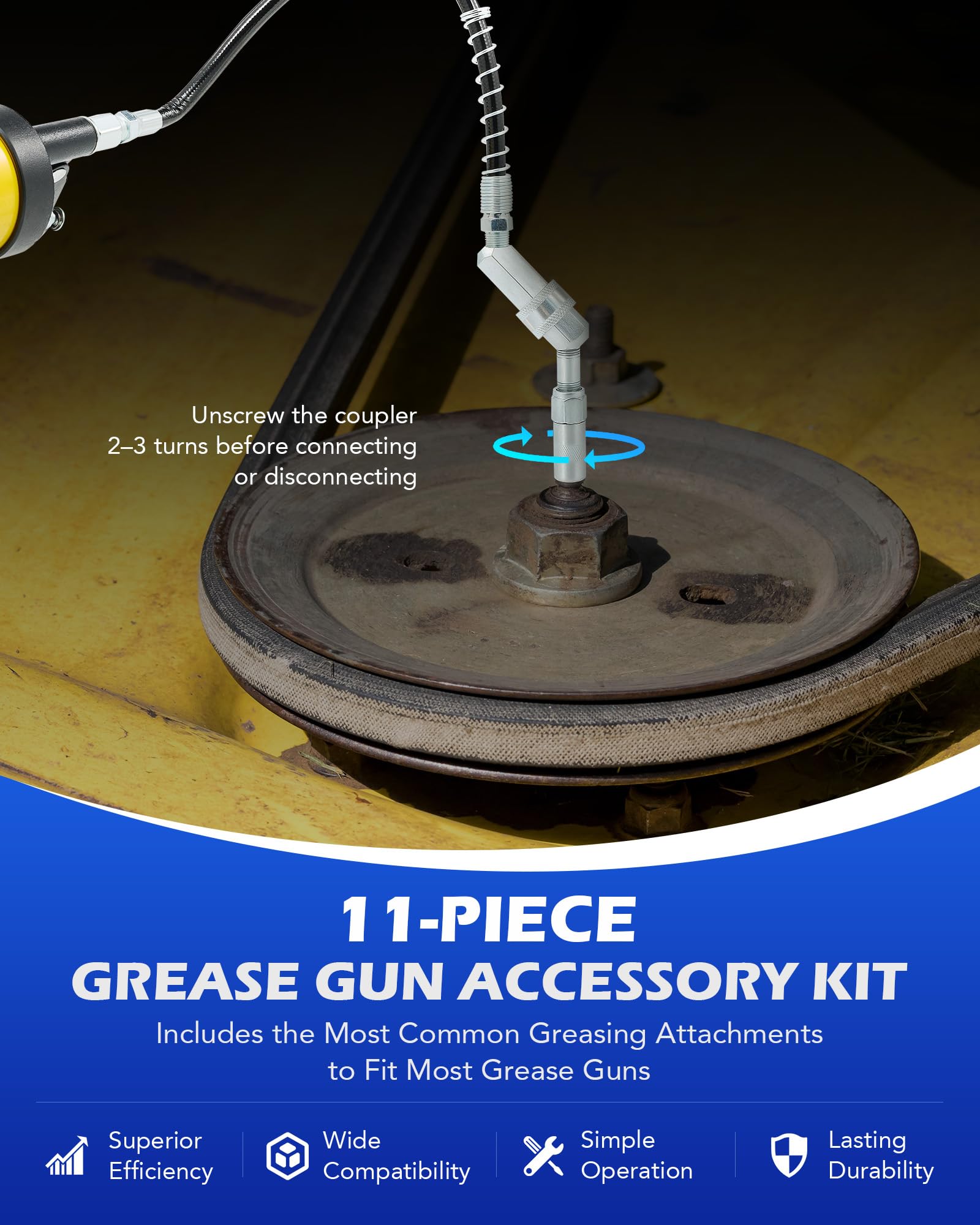 Orion Motor Tech extra-long hose demonstrates easy reach to distant grease fittings